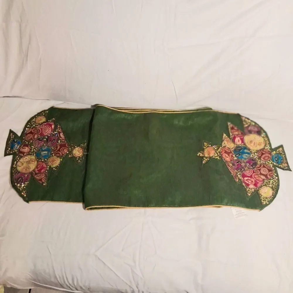Pier 1 Imports Green Christmas Tree Embellished Table Runner